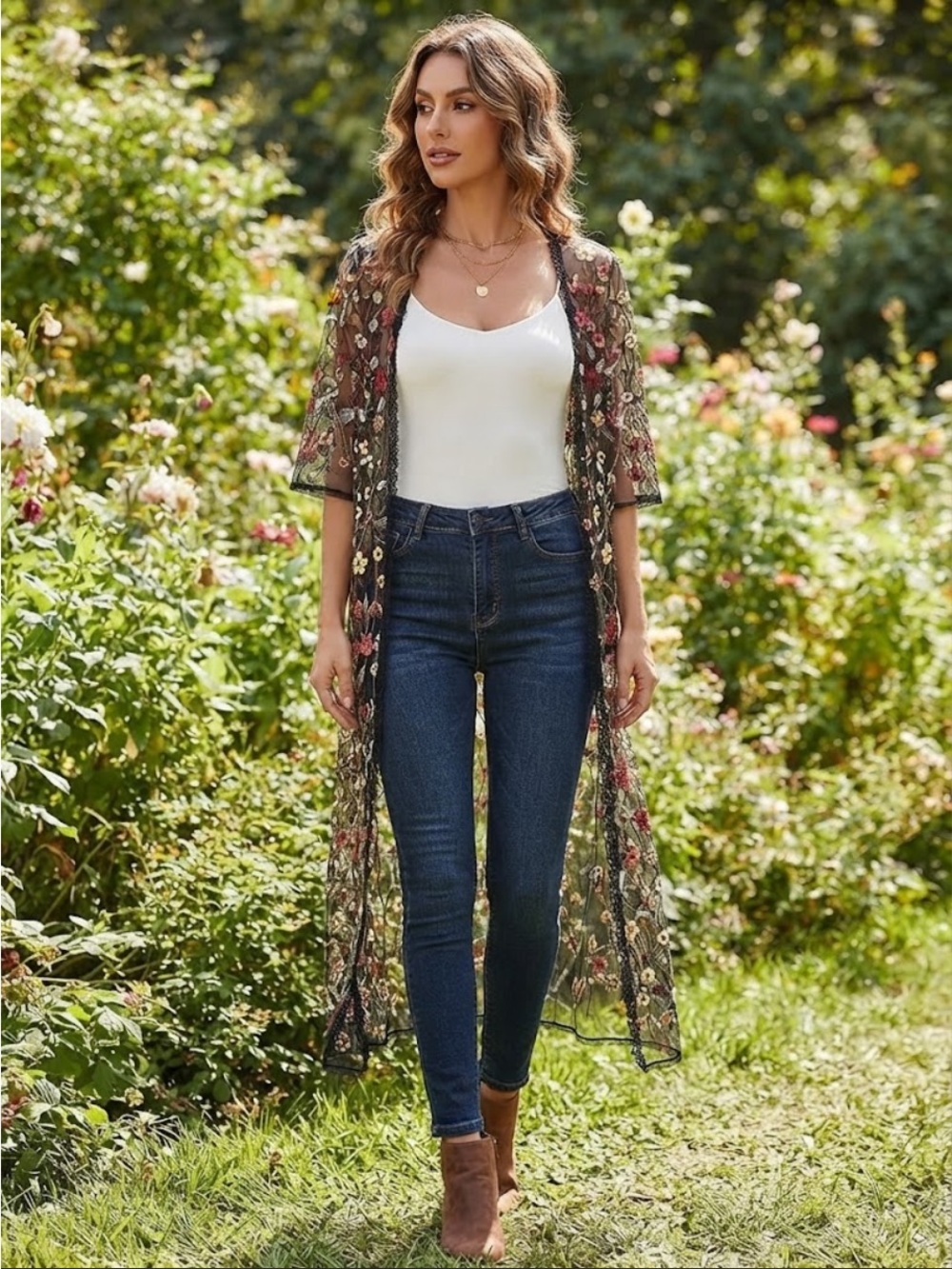 Vivid Boho Floral Embroidered
Sheer Mesh Long Duster Kimono Jacket M